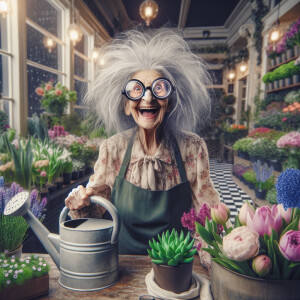 a whimsical realistic image of an old lady with wild grey hair t...