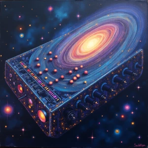 A shimmering cosmic quantum communication device, its intricate...