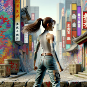 Athletic Thin skinny Attractive, Asian teenage girl, long brown hair and bangs, wearing tight skinny jeans and a halter top paint marks on her clothing, heroic pose Asian graffiti background, backside view