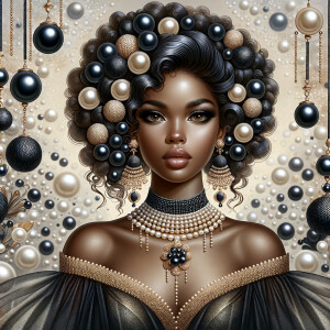 Imagine a digital portrait of a light skinned African-American Latino regal woman named KAREN Her attire and accessories are exclusively adorned with black and gold pearls. They grace her voluminous hair, styled in an elegant updo, where the black pearls form the roots and the gold pearls create the stunning curls. Her ears boast chandelier earrings, with black pearls clustered at the top, transitioning to gold pearls that dangle with delicate grace. Around her neck, a tiered necklace cascades with strands of alternating black and gold pearls, reflecting a sophisticated contrast.

Her shoulders are draped with a luxurious off-shoulder gown, the fabric's weave incorporating intricate patterns formed by black and gold pearls. The gown's texture has a subtle sheen, suggesting a high-quality material with a pearlescent finish. As a centerpiece, a grand brooch sits at her collar, with a large gold pearl surrounded by an elaborate design of smaller black pearls.

The background of the portrait features an abstract composition of floating pearls, swirling in a dance of shadows and light, emphasizing the color theme of black and gold. The name "KAREN" is discreetly integrated into the lower right corner of the artwork, blending seamlessly with the design, as if it were a signature part of the jewelry ensemble. The overall effect is one of timeless elegance, a blend of modern design and classic beauty, all tied together by the luxurious palette of black and gold.