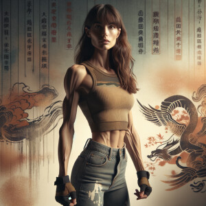 Athletic Thin skinny Attractive, Asian teenage girl, long brown hair and bangs, wearing tight skinny jeans and a halter top paint marks on her clothing, heroic pose Asian graffiti background, side view