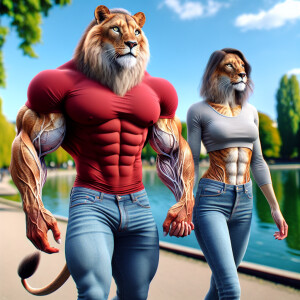 Augmented reality A Man- Lion Hybrid with huge muscles with vein...