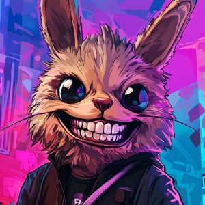 Stylized character portrait of a mischievous designer toy creat...