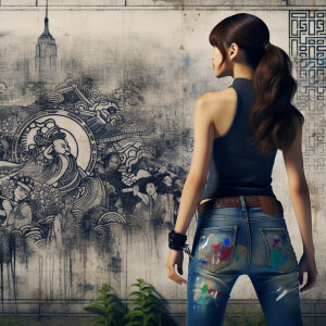 Attractive, Asian teenage girl, long brown hair and bangs, wearing tight skinny jeans and a halter top paint marks on her clothing, backside view heroic pose Asian graffiti