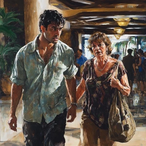 Realism.A man( muscular beefy criminal) walking with a woman(his...