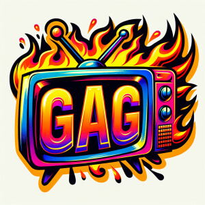 Tube TV with the word “GAG” on the screen on fire cartoon logo