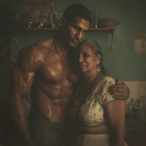Realism photo painting.a muscular sweaty indian man standing b...