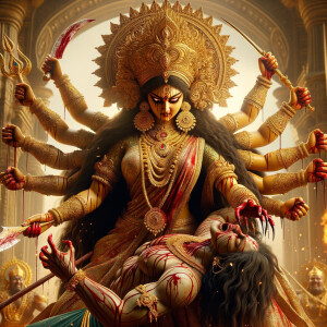 portrait of angry looking goddess durga  carrying a weak mahishasur in her two arms and stabbing him with her amazingly long red fingernails. She is wearing gold armor, a huge gold crown, gold saree, abundant  gold jewelry, covered in blood. The scene is set in ancient India. The image is 8K resolution, cinematic, ultra detailed face and epic.