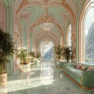 A hyperrealistic palace corridor bathed in sunlight, with pastel...