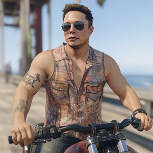 Elon Musk..on the boardwalk sleeveless shirt, sunglasses, motorc...