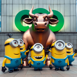 Cartoon yellow minions from Despicable Me around copper bull and...