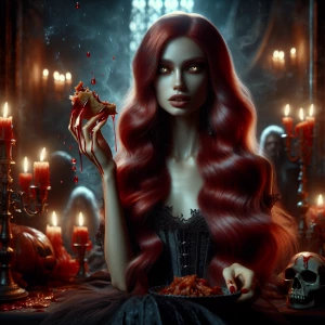 In a dimly lit, candle-filled chamber, a captivating female vamp...