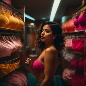 A Latina woman trying on a bra, teasing, feeling sexy