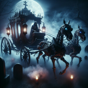 "Illustrate a spectral carriage drawn by skeletal horses, traver...