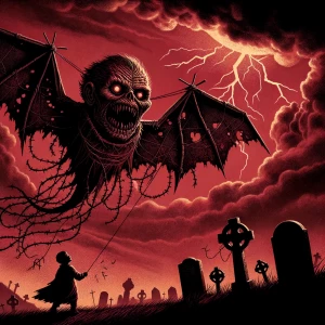 A nightmarish horror-themed kite soaring under a blood-red sky,...