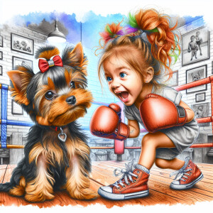 cute Yorkie puppy and a cute little girl with a long messy ginge...