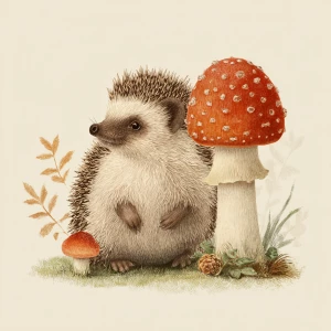 Small hedgehog sitting calmly beside mushroom, vintage illustrat...