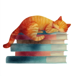 Minimalist sleeping orange cat, lying on a stack of vintage book...