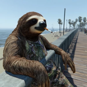 Sloths slerf meme..leaning on boardwalk railing smoking a cigare...
