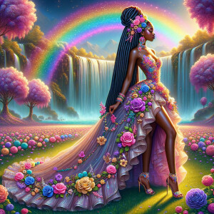 Remix Prompt
S/O Jackie Torres
S/O Panda Locke

create a animated style hyper realistic airbrush whimsical oil painting of a light African American woman wearing a flawless beautiful purple, pink, and gold blossom dress long flowing with colorful flowers and ruffles on the dress colorful jewelry made of flowers she has long black dreadlocks in a bun a colorful rose in her hair her peep toe shoes is matching her dress behind her is a beautiful waterfall liquid glowing lights beautiful colorful rainbow surrounded by beautiful roses.