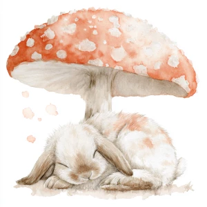 Cute fluffy rabbit sleeping under a large spotted mushroom, soft...