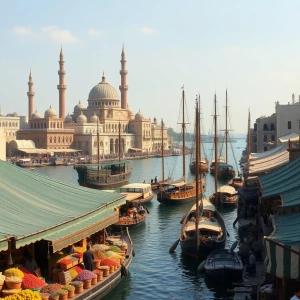 Zeige eine lebhafte arabische Hafenstadt im Mittelalter. Händler...