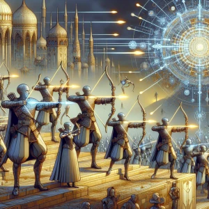 A small group of archers in ornate Renaissance armor shooting glowing plasma arrows into the sky.