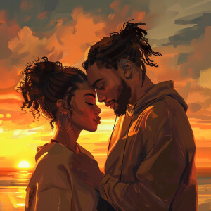 Illustrate an abstract art piece featuring a young black couple,...