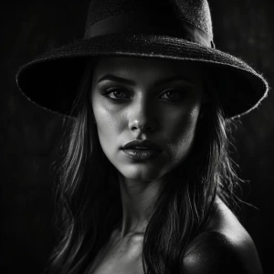 Create a black and white portrait of a woman in a noir style, em...