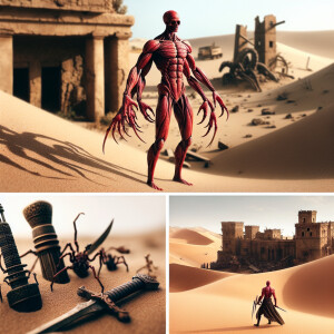 Generate a new image of a desert landscape with obsidian weapons...