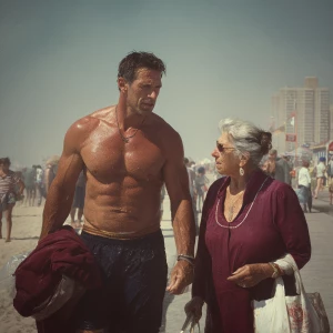 Photo hyperRealism,painting.a muscular sweaty man walking  with...