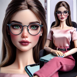 An action figure-style doll of a young woman with fair skin, gre...