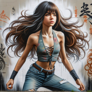 teenage girl, long brown hair and bangs, wearing tight skinny jeans and a halter top paint marks on her clothing, heroic pose Asian graffiti background, nearing on one knee