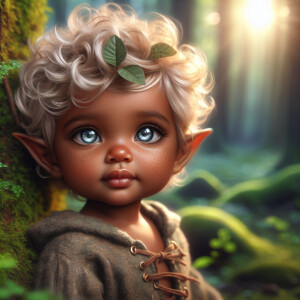 An elven baby with dark brown skin, blue eyes, and blonde hair.