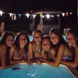 Group of middle-aged school girls at a 2012 nighttime pool party, posing cheerfully for a photo, with a mix of expressions and poses, including Caucasian girls. The setting exhibits a festive poolside ambience with decorative lights and party adornments.