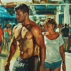 Illustrative painting.A man  muscular beefy sweat walking with h...