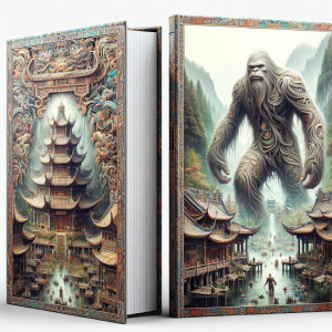 A Chinese temple and a huminoid looking Sasquatch  with long hai...