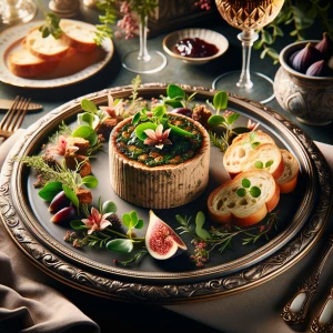 Create an image of a gourmet pâté product displayed on an elegan...
