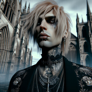 Blonde Headed Gothic Man with Tattoos with a Cathedral in the ba...