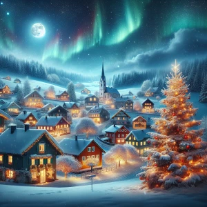 Create an image of a picturesque village blanketed in snow on Ch...