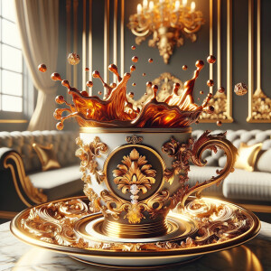 Illustrate a sumptuous coffee cup with an elaborate baroque-insp...