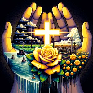 Double exposure of Texas. Inside the hands is an image of a floo...