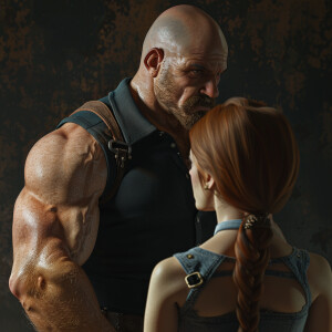 High resolution photorealistic image. Tall, bald, muscular man w...