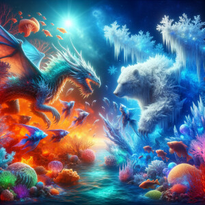 A dragon fighting a armored bear in a fantasy world with fire and ice surrounding the characters