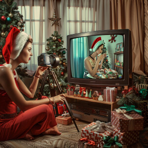 Photorealistic image. Woman making YouTube video of herself, mak...