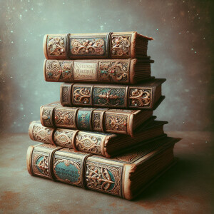 a stack of 5 old whimsical books on a transparent background