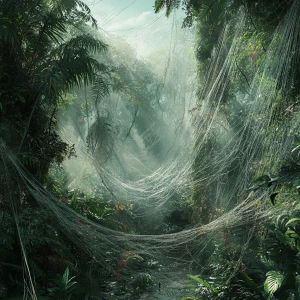 A amazon jungle scene with a 30 meter area is covered in spider...