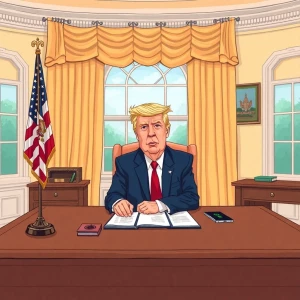 Trump sits at desk in White House, in carton art style