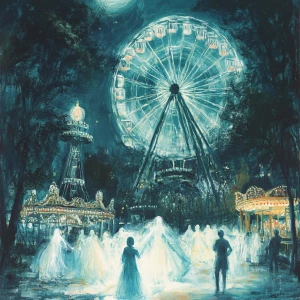 Illustrate a ghostly carnival that appears only on moonlit night...