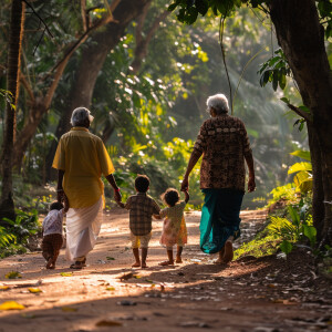 Indian grandparents and kids going for walk in park in Kerala